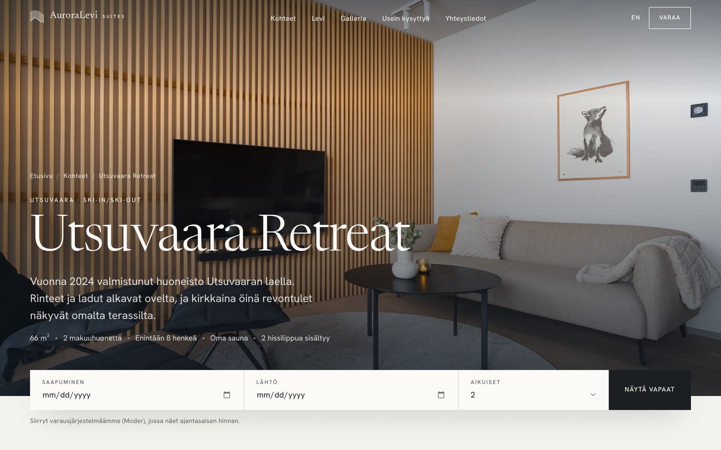 AuroraLevi Suites: sivusto tietokoneella